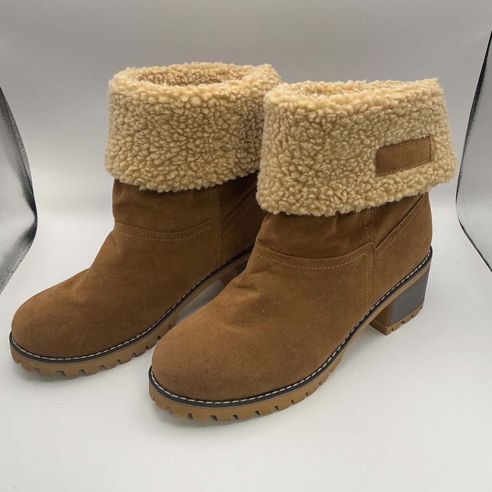 Tan Faux Suede Ankle Boots Faux Shearling Trim Lug Sole Block Heel Size 42